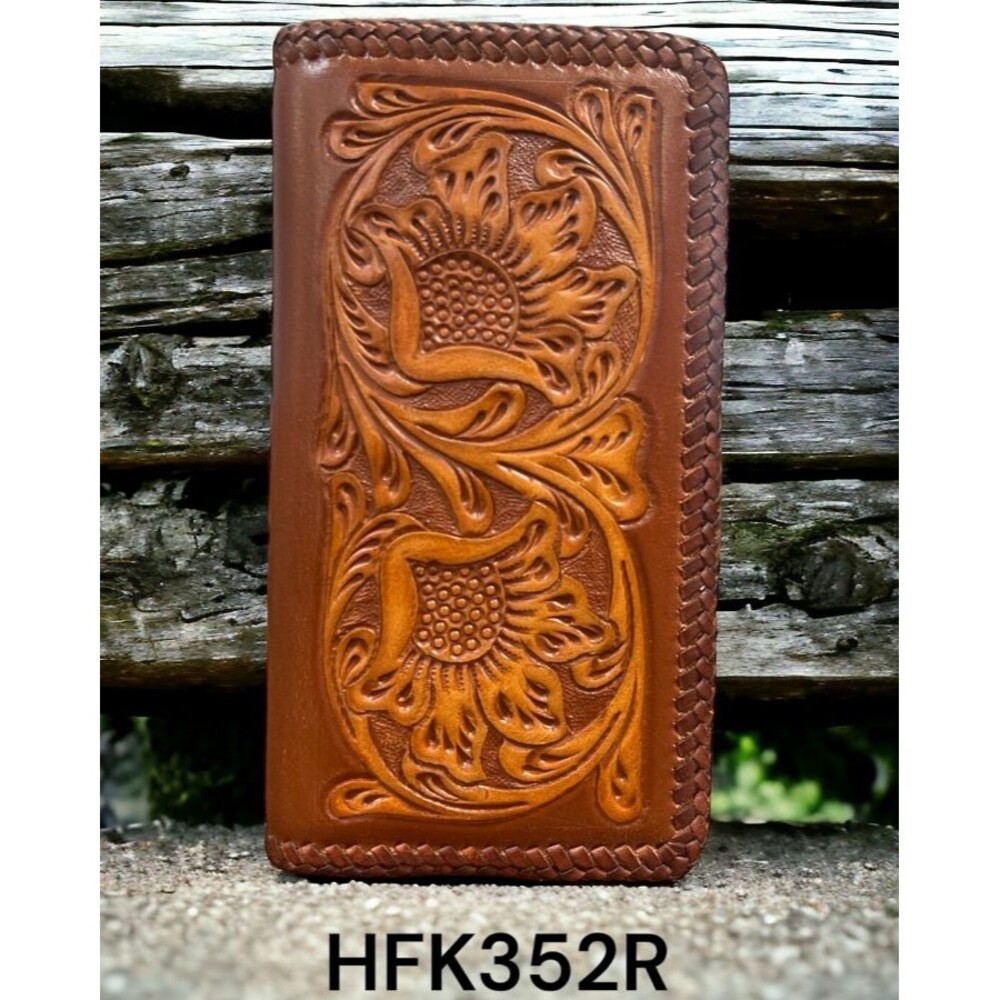 Western  Leather Bi-fold Rodeo Wallet Floral Tooled Ranger Cordovan Stitch Edge - Picture 9 of 9